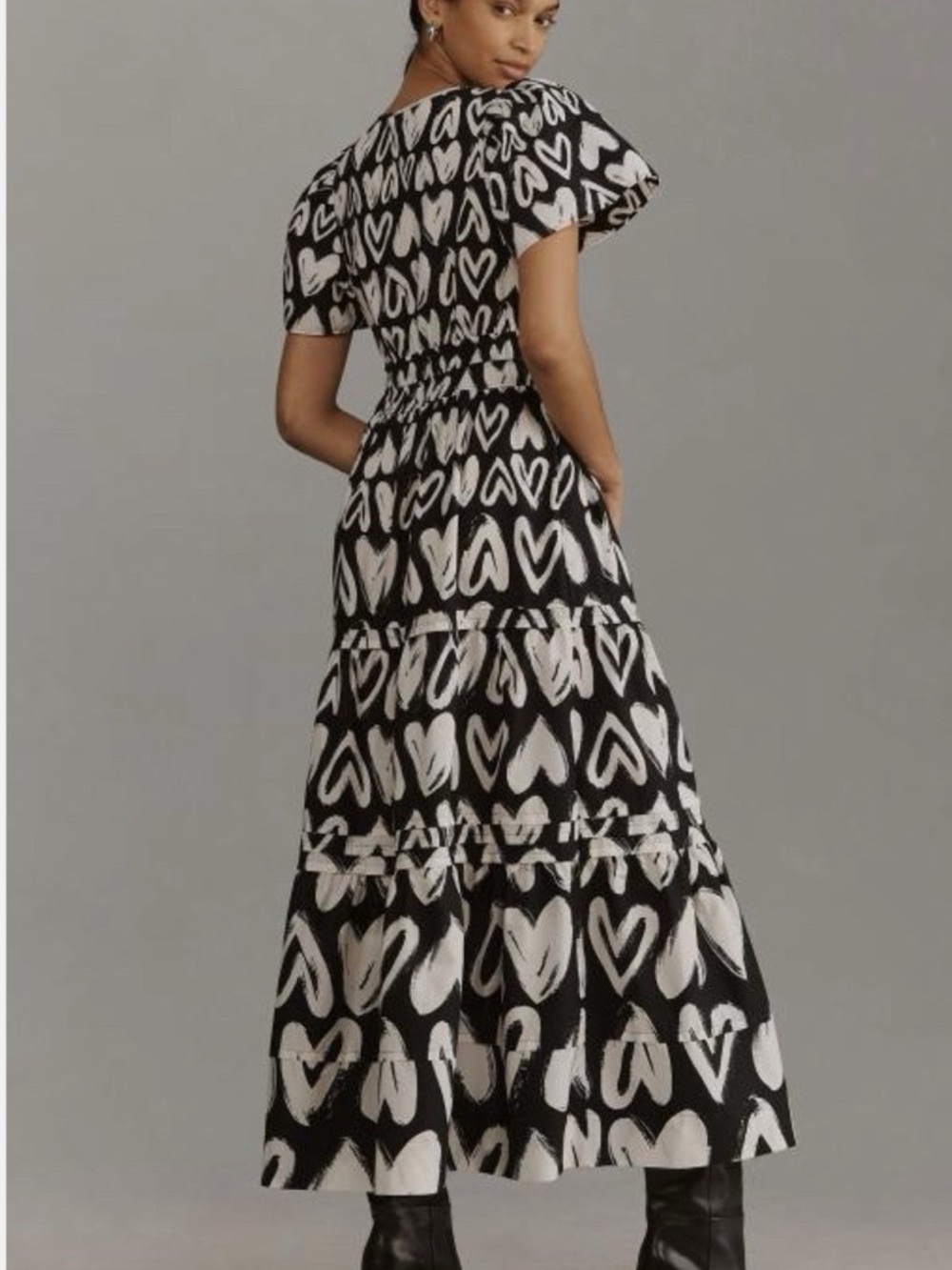 Anthropologie Black and White Heart-Print Tiered Maxi Dress